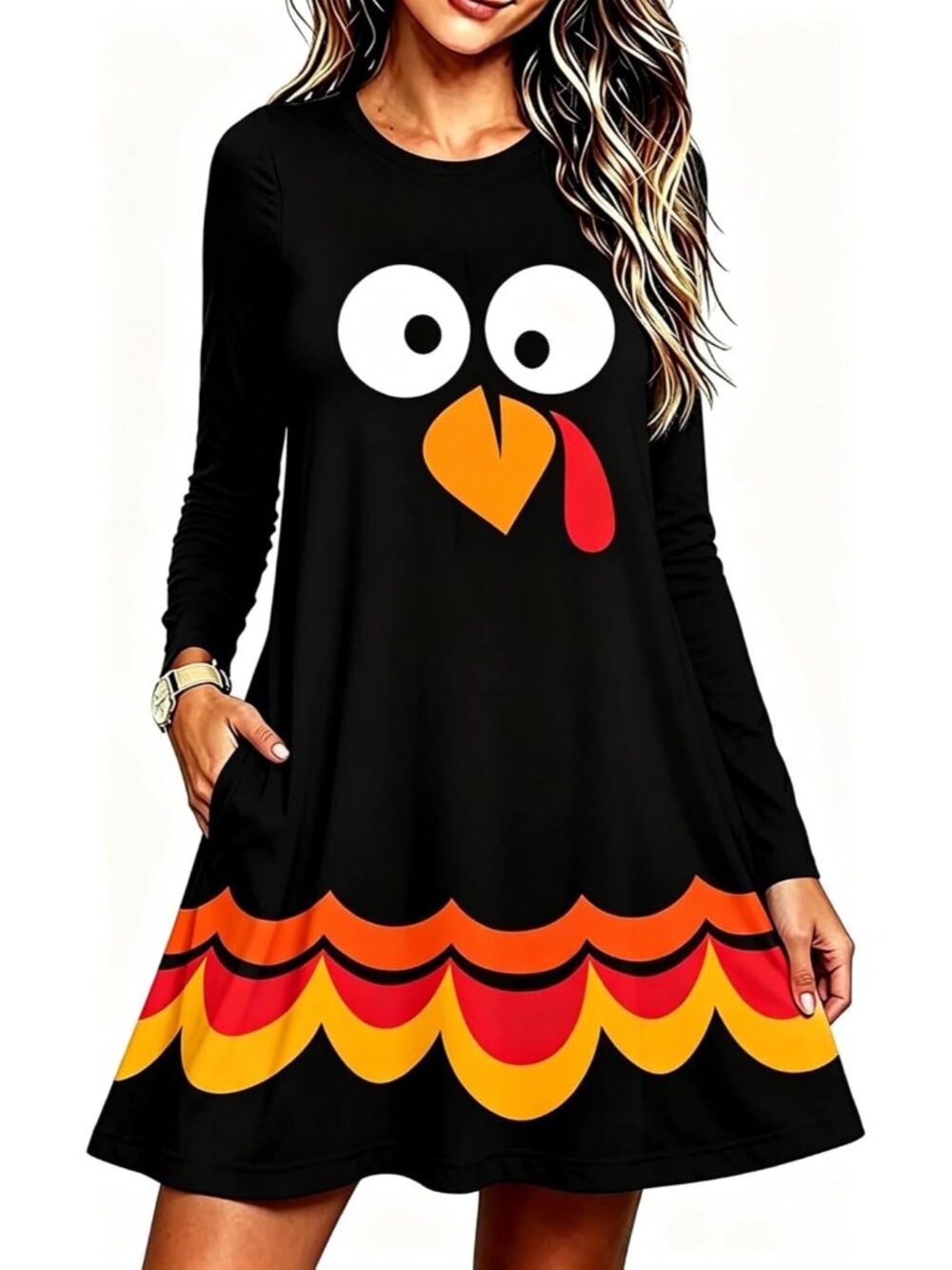 🆕Women's Thanksgiving Turkey Face Long Sleeve Swing Dress with Pockets